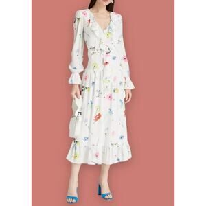 Olivia Rubin Lily White Chiffon Ruffle Floral Midi Dress 6 NWT $560
